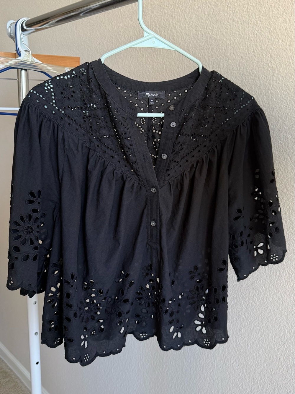 Madewell Black Eyelet Cotton Peasant Blouse